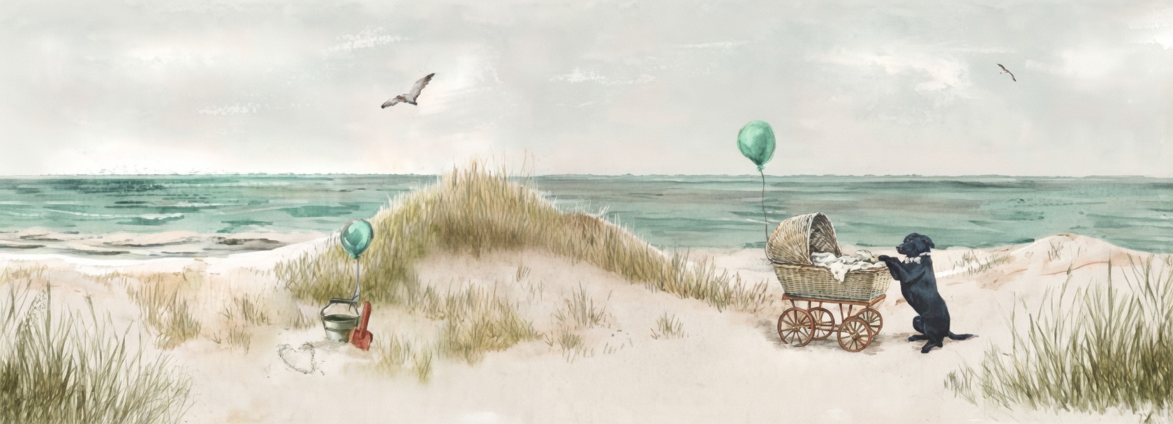 Zeezijde, strand, zwarte labrador Cooper, kinderwagen en ballon - artistieke illustratie in de stijl van de geboortekaart